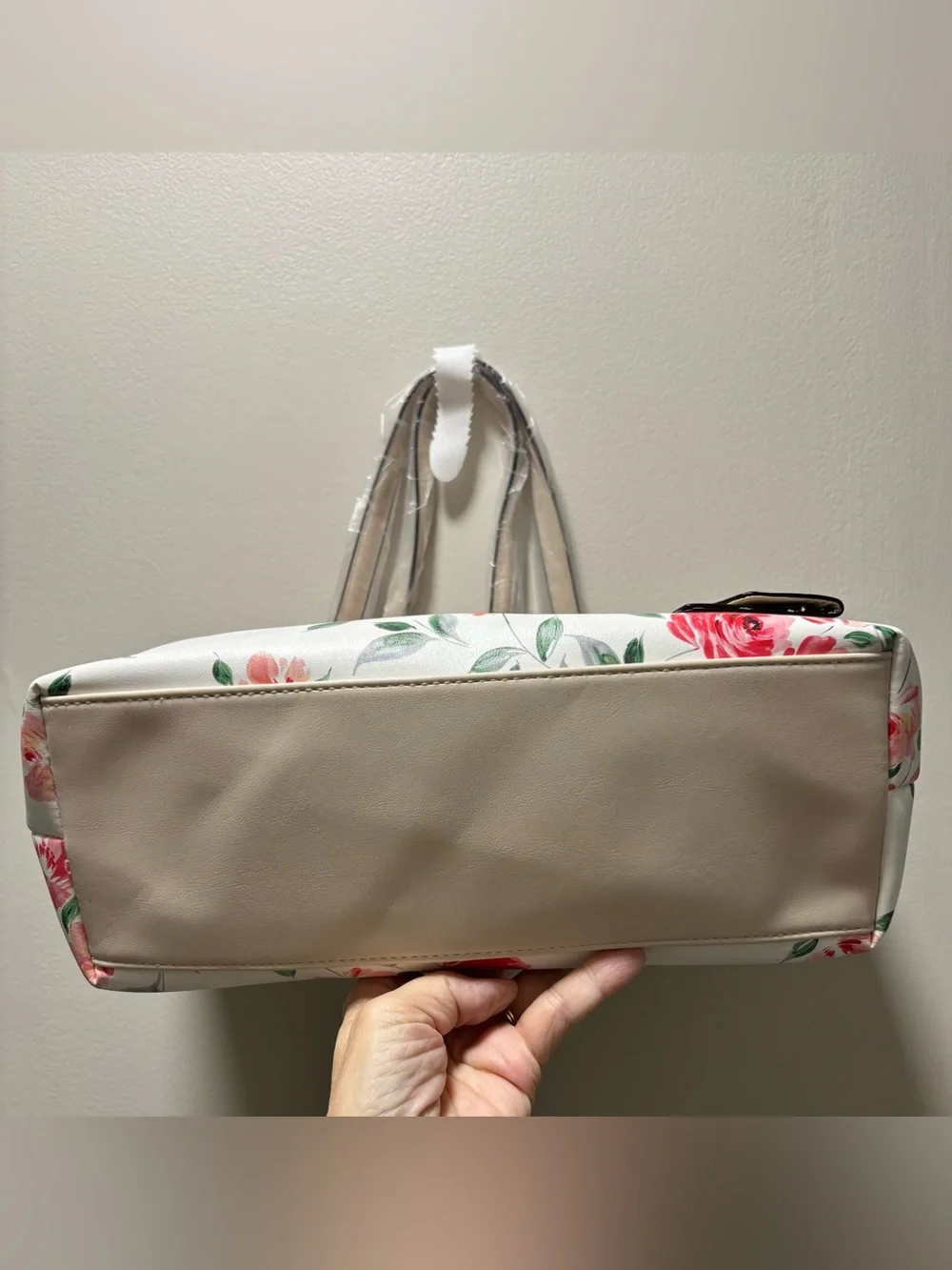 Nine West White Floral Tote Purse Bag Pink Roses Attached Keyring Card Holder